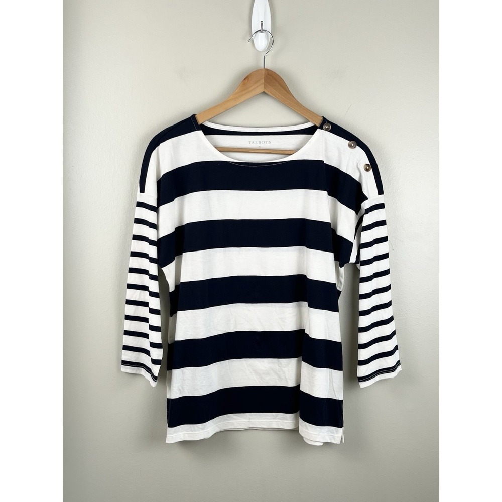 Talbots Blue White Striped Nautical Sailor Coastal Timeless Tee Top Buttons Sz M